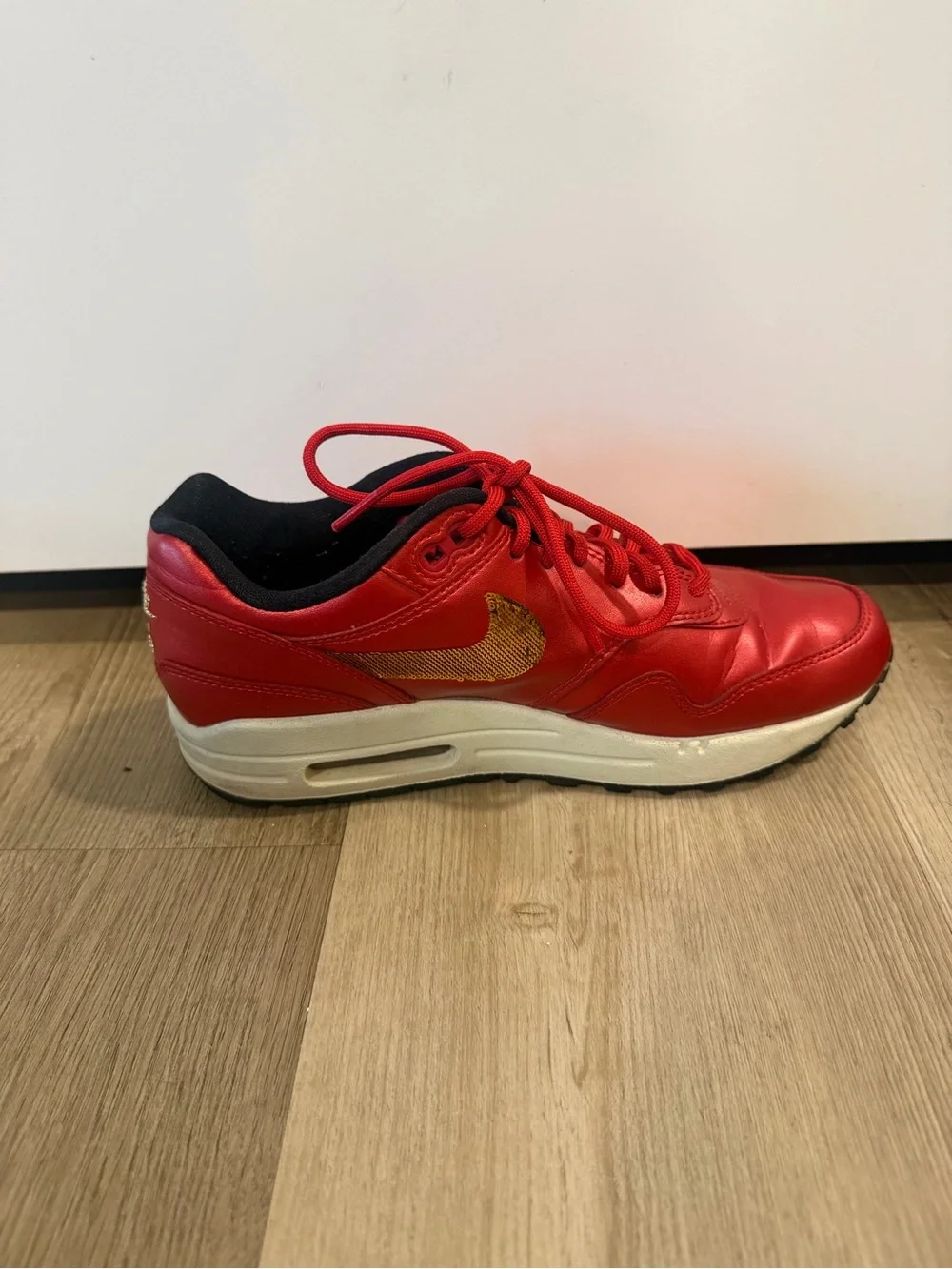 Nike Air Max 1 Gold Sequin Red Sneakers with Gold Swoosh women’s Size 6.5